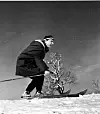 Leif Juster i den norske spillefilmen Fjolls til fjells (1957). Juster i aksjon på ski.