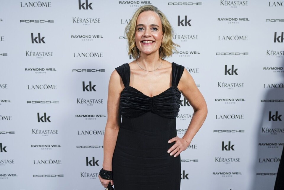 Henriette Steenstrup på hvit løper før KKs 150-årsjubileum på Grand Hotel i Oslo.