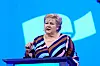 Høyres leder, og statsministerkandidat, Erna Solberg under talen til landsmøtet torsdag.