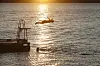 Person hopper fra brygge i solnedgang ved Ingierstrand Bad i Oslofjorden.