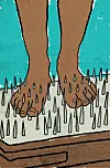 Tegning av nakne føtter stående på en spikermatte med spisse metallpigger.