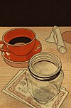 Rød kaffekopp, glasskrus, serviett og en pengeseddel på et bord.