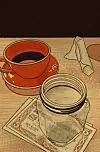 Rød kaffekopp, glasskrus, serviett og en pengeseddel på et bord.