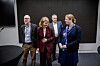 Fire representanter står foran en mørk vegg og møter pressen i Oslo før lønnsoppgjøret i staten.
