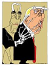 Satirisk tegning av Donald Trump og Jeffrey Epstein i mørke dresser mot lys bakgrunn.