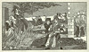 Historisk woodcut som viser en heksebrenning med tilskuere, flammer og en port i Reinstein.