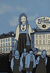 Veggmaleri med en stor figur, flere personer og et synlig Freia-skilt over bygninger.