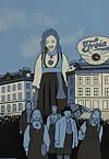 Veggmaleri med en stor figur, flere personer og et synlig Freia-skilt over bygninger.