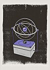 Et svart-hvitt bilde av et modellinstrument med kuler og metalliske ringer på en base.
