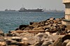 Tankskip og lasteskip ligger på havet utenfor en steinete kyst i Omanbukta.