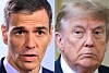 Delt portrett med Pedro Sanchez til venstre og Donald Trump til høyre i separate nærbilder.