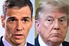 Delt portrett med Pedro Sanchez til venstre og Donald Trump til høyre i separate nærbilder.