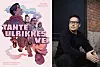 Mikael Noguchi sitter ved en murvegg ved siden av omslaget til «Tante Ulrikkes vei».